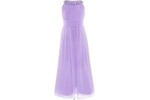 Freebily Girls Kids Beaded Halter-Neck Chiffon Bridesmaid Dress Wedding Party Ball Prom Long Evening Gowns