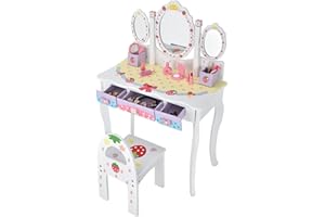LIFEZEAL Tocador Infantil con Espejo, Juego de tocador de Maquillaje con Taburete, Mesa de Madera con Espejo extraíble, Escritorio con 3 cajones y 2 Cajas para niñas 3 años（Blanco）