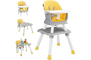 Maxmass Baby Highchair, 6 in 1 Convertible Infant Feeding Chair with 5-Point Harness and Adjustable & Removable Tray, Toddler Dining Chair for 6-36 Months (Yellow, 58x58x98cm)