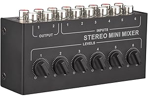 Sunydog Mini Mixer Audio stereo Interfaccia audio a 6 canali RCA, distributore a 6 ingressi e 2 uscite, controlli del volume separati per DJ/Karaoke