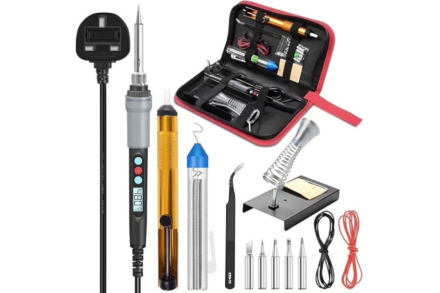 Soldering Iron Kit, 90W Adjustable Temperature Soldering-Iron Gun Kit Welding Tool with 5 Soldering Tips, Desoldering Pump, Tin Wire Tube, Stand, Tweezers
