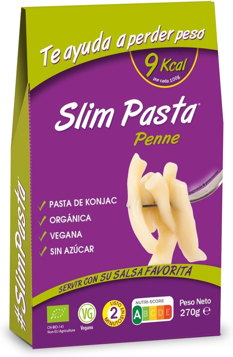 Slim Pasta - Pennes de Konjac - 270 g - Sin Calorías ni Carbohidratos - Ideal para Dietas Keto y Low Carb - Aptos para Veganos - Elaborados con Agua Purificada, Fibra de Avena y Harina de Konjac