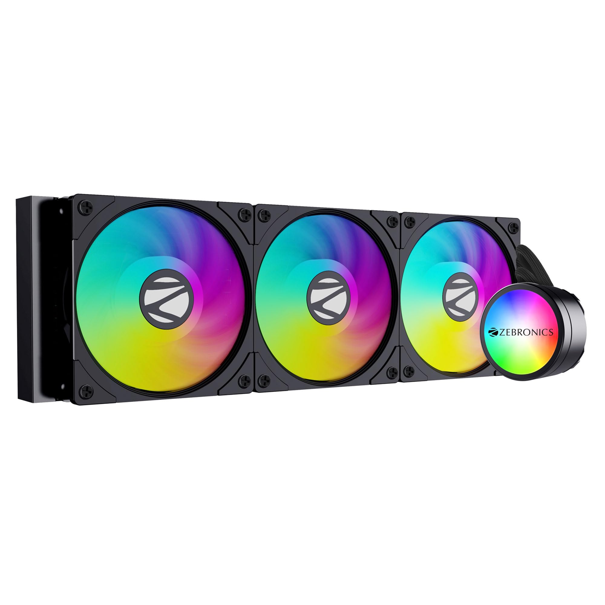 ZEBRONICS AIO360AB - 360mm AIO Liquid Cooler with Support Up To LGA1700 / AM5 sockets, Anti Leak Design, ARGB sync, Braided Tubing, Fan controller with Remote control (Black)
