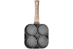ECVV 4 Hole Omelet Pan for Burger Eggs Ham Pancake Maker Wooden Handle Frying Pot Non-Stick Cooking Breakfast, Black