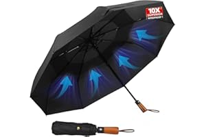 HANNSTAR Folding Travel Umbrella Windproof Strong with Wood Handle - Automatic Brolly for Men and Women - 10 Ribs Fiberglass Strong umbrella for Rain & UV Sun Protect