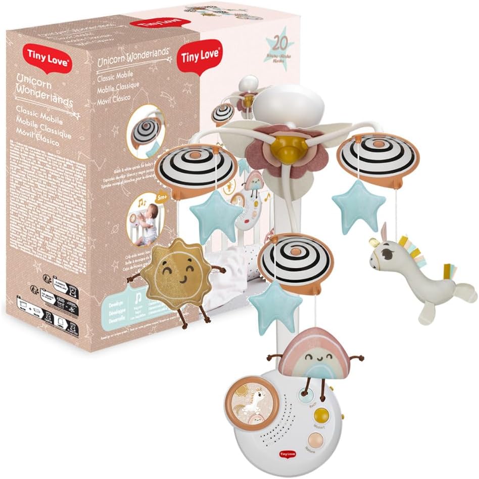 Tiny Love Klasik Dönence, Bebek Karyolası için Dönence, 0+ Ay, Araba İçin Taşınabilir Müzik Dönencesi, Büyülü Peluş Bebek Bebekleri, 20 Dakika Sürekli Müzik, Tek Boynuzlu At Harikalar Diyarı