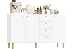 FirFurd Sideboard for Living Room White Sideboard Storage Cabinet Freestanding Cupboard Large Chest of 4 Drawers with 3 Doors 140x40x80cm Wooden