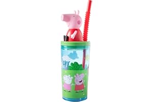 p:os Peppa Pig - Vaso infantil con tapa y pajita (360 ml, con figura 3D, sin BPA y apto para carbono), color verde