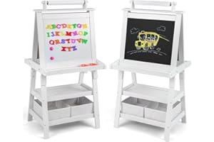 RELAX4LIFE 3 IN 1 Lavagna per Bambini, Cavalletto Pittura a Doppia Faccia, Lavagna Magnetica con Rotolo di Carta, Giocattolo Educativo 3+ Anni (Bianco)