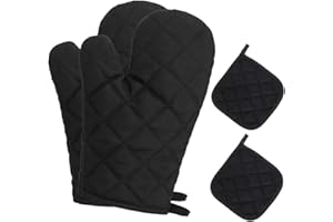 LKEVREG Ofenhandschuhe Hitzebeständig, Verdickt Baumwolle Topflappen Handschuh 4er-Set, Waschbare Küchenhandschuhe [Hitzebeständig bis 250°C], rutschfeste Backhandschuhe zum Kochen & Backen - Schwarz
