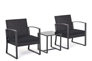 ‎MONDEER Mondeer Rattan Gartenmöbel Set, 3 teiliges Terrassen Bistro Set, 2-Sitzer-Rattanstühle mit Kissen und Couchtisch, für Balkon, Garten, Innen- und Außenbereich, Terrasse, Hinterhof, Schwarz