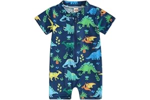 LYZOURBB Toddler Baby Boy One-Piece Swimsuit Toddler Boy Short Sleeve Zipper Rash Guard Set Dinosaurs Sharks Swimming Outfits Bathing Suit for 0-3Years