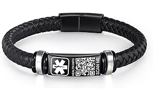 Theluckytag Verbessertes medizinisches Armband für Herren mit QR-Code, medizinische Notfall-ID-Armbänder – 17,8 cm – 20,3 cm, gewebtes Vintage-Lederarmband, Schnalle, mehr Platz sparen,