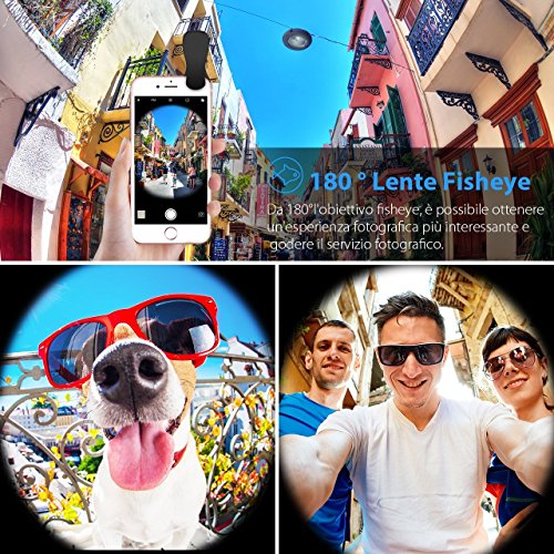 Lenti Smartphone Mpow 3 in 1 Lenti Kit Clip-On Lente Fisheye Suprema 180 Gradi + Lente Grandangolo 0.65X + Lente Macro 10X, Obiettivi Cellulari per iPhone 6s / 6s Plus, iPhone 6 / 6 Plus, Samsung Galaxy S6 Edge+ / S6 Edge / S6 / S5 / S4 / S3 HTC, Sony Xperia, Huawei ed altri Smartphone