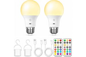 Laddbar E27 Glödlampa, 2600mAh Batteri, Fjärrkontroll & Touch, 2-Pack | LED, USB-C, Dimbar, 8W 800LM, 3 Färgtemperaturer, 9 RGB-Färger & 2 Lägen, 3 Timers, Krok, för Lampor, Camping, nödsituation
