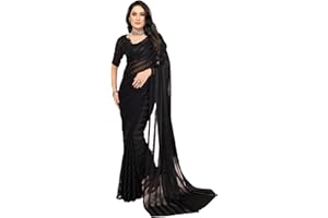 SAREE for WOMEN ETHNICMODE Indian Soft Satin Light Weight Party Wear Black Sari With Unstitched Black Blouse Piece-1104
