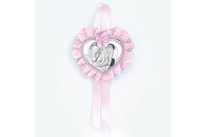 ALBALÙ ITALIA Sopraculla Medaglione Cuore Sacra Famiglia Argento Rosa con Carillon Musicale e Scatola Inclusi Misura 25x12cm Made in Italy