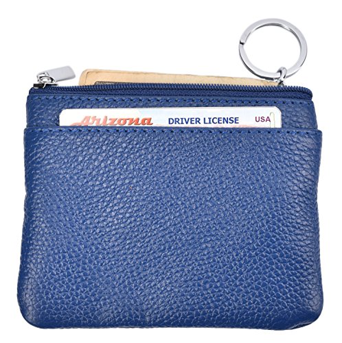 Outrip Womens Mini Coin Purse Wallet Genuine Leather Zipper Pouch with Key Ring (Blue)