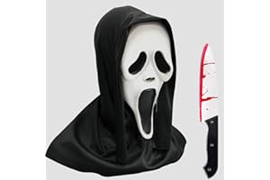 wenweo Halloween Ghostface Maske mit Kapuze aus Latex, Geist Scream Maske mit Messer, Lebensechte Ghost Face Mask Erwachsene für Halloween, Karneval, Fasching, Horror Partys
