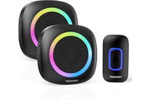 TECKNET Sonnette sans Fil Exterieur Etanche, Étanche IP66 Portée 400M Amovible Two Récepteur RVB Piles Sonnette sans Fil sans Pile, 60 Mélodies et 5 Niveaux, pour Maison, Bureaux, Urgence etc