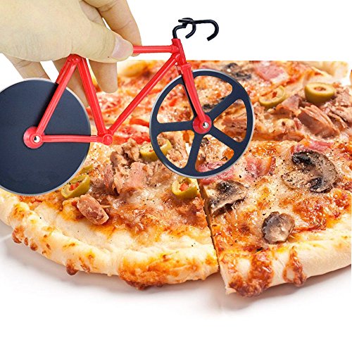 Fahrrad Pizzaschneider, handingsm Pizza Schneide Dual Edelstahl Antihaft Schneiden Rädern mit Ständer rot - 4