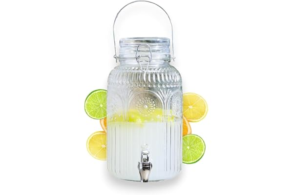 PZL CONCEPT Distributeur Boisson avec Robinet 4 L - Fontaine à Eau et Cocktail - Design Décoré - Bol à Punch - Jarre en Verre pour Limonades - Bonbonne - Bocal pour Sublimez vos Fêtes et Anniversaires
