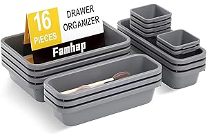 Famhap Organiseur de Tiroir de Bureau, 16 Pièces en Plastique Séparateurs de Tiroir avec 3 Tailles de Bacs de Rangement pour le Bureau, Salle de Bain, Cuisine (Gris foncé)