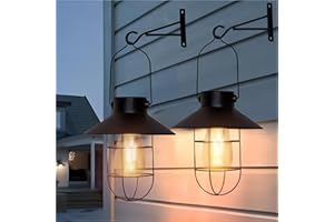 pearlstar Solar Lanterns Outdoor Metal Solar Powered Hanging Lights Waterproof for Wall Yard Garden Patio Garage Balcony Porch Fence Decor, Warm White Edison Bulb,with Wall Mount Kit（Black-2pack）