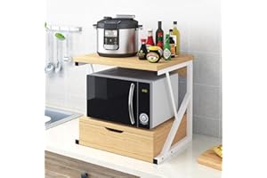 QIHANG-UK 2-Tier Microwave Oven Shelf Stand, Standing Baker's Rack, Over Microwave Shelf Unit with 1 Drawer, Kitchen Countertop Organizer, Kitchen Storage Shelf with Wood Top Metal Frame (Walunt)