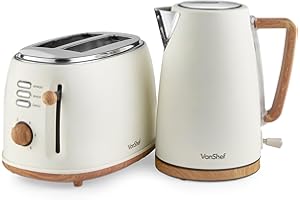 VonShef Kettle and Toaster Set – Scandi 1.7L Rapid Boil Kettle 3000W & 2 Slice Wide Slot Toaster 850W with 6 Browning Controls, Matching Kitchen Set – Nordic Cream and Wood Accents - Fika Range