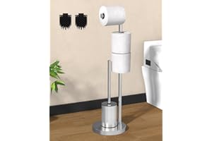 KeZaara Porta Carta Igienica da Terra con 2 Scopino, Piantana Portarotolo per Bagno WC, Spazio per 2 Rotoli di Riserva, Argento Spazzolato, Acciaio Inox, 70 x 20 x 20 cm