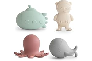 Mushie Zabawka do kąpieli dla niemowląt i małych dzieci wykonana z silikonu | Zestaw 4 zabawek do kąpieli Sea Life | Wieloryb, łódź podwodna, nurek i ośmiornica