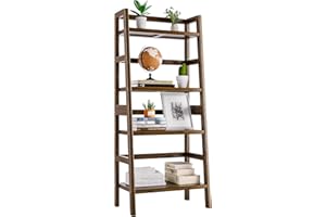 HITNET Ladder Bookcase, 4-Tier Leaning Bookshelf, Bamboo Open Display Storage Rack Shelves, Flower Plant Stand, Space Saving Small Book Shelf, Walnut