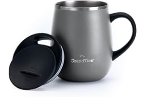 Grandties Thermo Kaffeebecher mit Griff - Schiebedeckel für Spritzschutz 480 ml - Steingrau, L, Grau