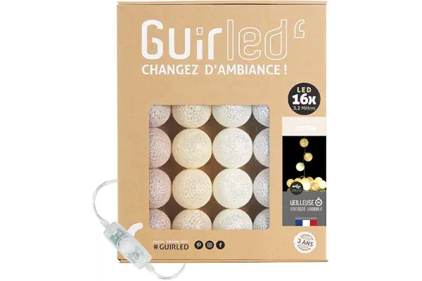 GuirLED - Guirnalda luminosa bolas de algodón LED USB- Luz de noche para bebé 2h - Adaptador de corriente dual USB 2A incluido - 3 intensidades - 16 bolas 1,6m - Coton