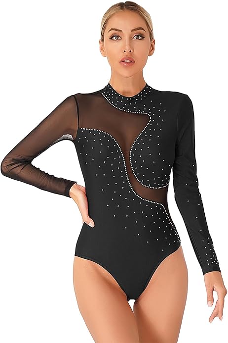 Body Danza Uomo Con Strass - Leotard Per Balletto, Latino E Moderno, Maniche Lunghe In Rete - Foto 9