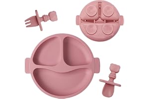 KAMHBE Suction Plate Silicone Divided Baby Plate Non-Slip Self Feeding Training Set Fits Most Highchair Tray, Dishwasher & Microwave Safe, Best Baby Gift