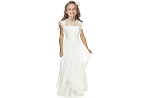 TYHTYM Blumenmädchen-Kleid, Festzug, Kleid der Brautjungfer, Hochzeit, Spitzenkleid, Ballkleid, Mädchen, Partykleid, Flatterärmel, Elfenbein Gr