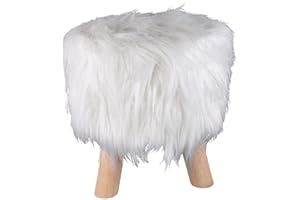 ‎SPETEBO Spetebo Designer Fell Hocker weiß - 34x28 cm - Massiv Holz Polsterhocker Holzhocker Langhaar Sitzhocker rund