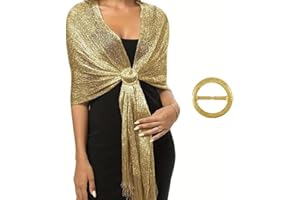 SDXCJY Sparkling Gold Metallic Shawls and Wraps with Buckle for Women- Ideal for Wedding, Evening Party Dresses, Bridesmaid,Elegant Tassel Design