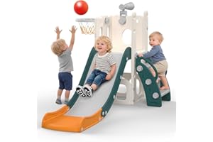 hoopyosms Scivolo per Bambini con Canestro da Basket, Palla e Telescopio Giocattolo, Set Giochi per Interni ed Esterni, per Bimbi Piccoli e in Età Prescolare(Verde)