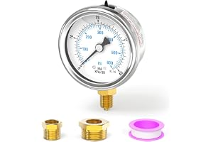 ERGAOBOY 0-40 bar/0-600 psi Flytande manometer i rostfritt stål 1/8 tum BSP 2,5" ansikte, bottenmontering med sexkantiga mäss