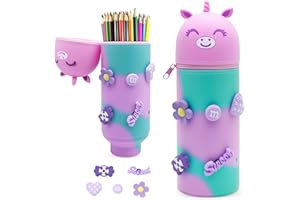 EOPUOZS Kawaii Piórnik 2 w 1, z zamkiem błyskawicznym, silikonowy, z motywem z kreskówki, zwijany (Różowy)