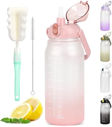 Ieron 2L Wasserflasche Mit Zeitstempel – BPA-frei, Auslaufsicher, Mit Pop-up-Strohhalm, Rosa