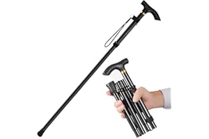 Favuit Faltbar Gehstock, Höhenverstellbar Aluminium Bergstock Spazierstock rutschfest Tragbarer Wanderstock Gehstöcke mit Handschlaufe und T-Griff für Senioren Männer & Frauen