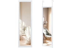 CROWNSHOP Full Length Mirror 110x33cm - Wall Mounted Over The Door Mirror with Adjustable Hooks | Large HD Tempered Glass Full Body Mirrors for Bedroom, Wardrobe | Space-Saving (White)