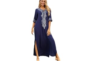 YOUKD Été Coton Brodé Floral Lâche Caftan Boho Beach Bikini Cover Up Robe Grande Taille pour Femmes