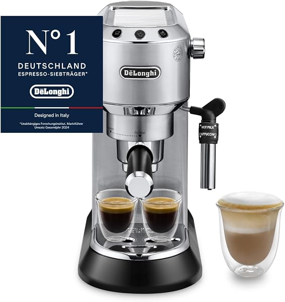 De'Longhi Dedica Style - Perfetto Kompakte Siebträgermaschine Espressomaschine mit Tasten, manuellem Milchaufschäumer für Espresso und Cappuccino, ESE Pad geeignet, 15cm breit, Metall (EC685.M) - 1