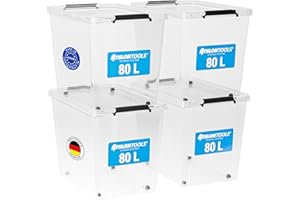 ATHLON TOOLS 4x 80 L Aufbewahrungsboxen mit Deckel, lebensmittelecht - Verschlussclips - 100% Neumaterial Plastik-Box transparent - Kleiderboxen stapelbar
