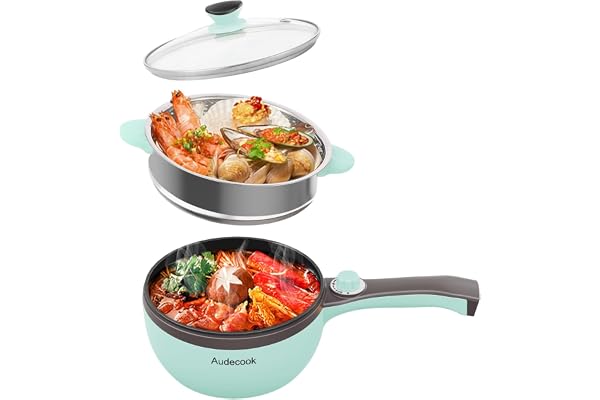 Audecook marmite electrique, mini poêle electrique, poêle antiadhésive portable avec double contrôle de puissance, poêle à Ramen rapide pour steak, soupe, oeufs, flocons d'avoine, nouilles (Vert S)